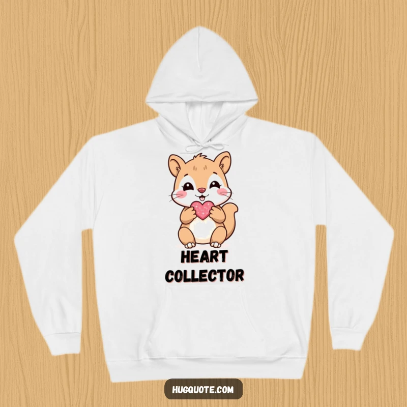 Funny hoodie with a cheerful squirrel character presenting a small, sparkly heart, offering cozy comfort and warmth.