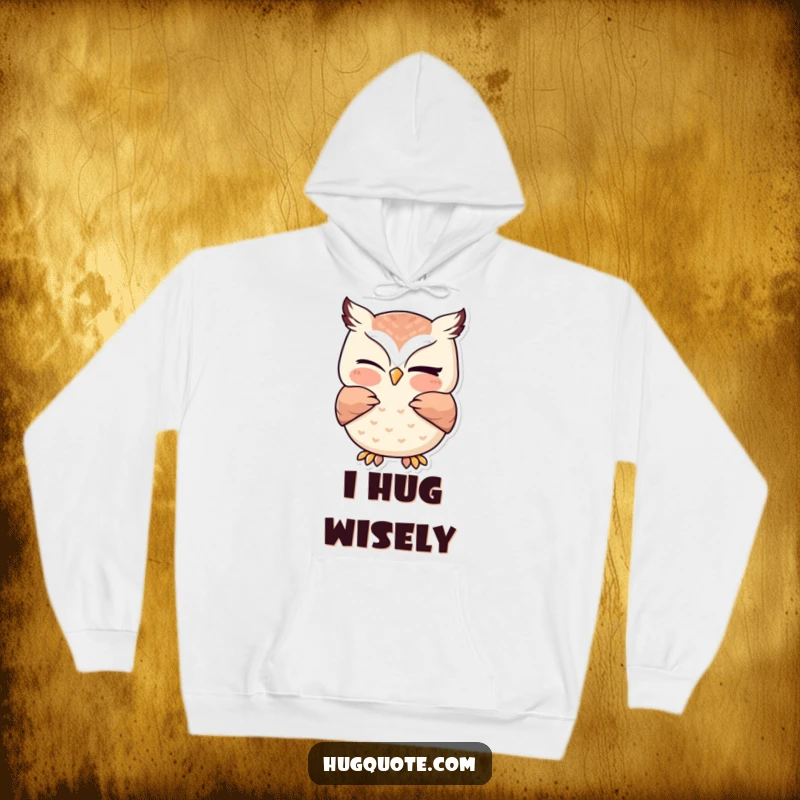 Funny owl hoodie showcasing a kawaii owl giving a gentle hug with a charming wink, designed for ultimate comfort and adorable, heartwarming appeal.