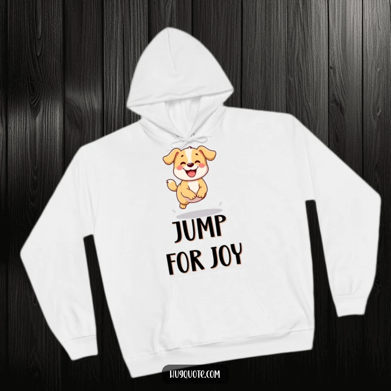 Funny hoodie featuring a happy dog character wagging its tail while attempting a small jump, perfect for cozy, cheerful vibes.