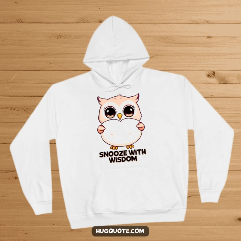Funny hoodie with a happy owl character sporting wide eyes, presenting a large, soft pillow shaped like a heart.