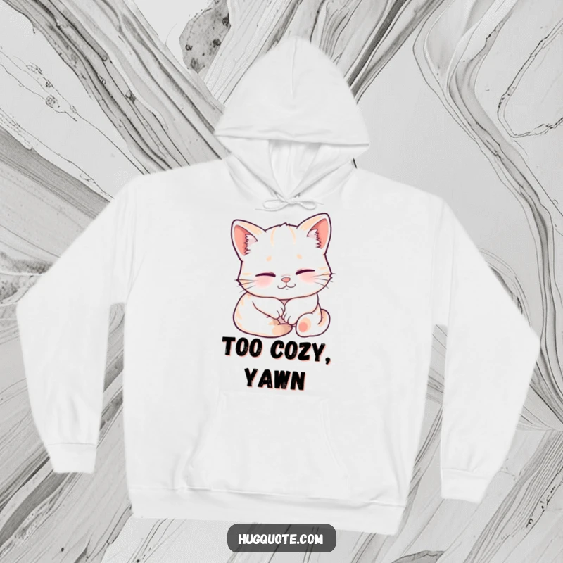 Funny hoodie showcasing a sleepy kitten character smiling contentedly while being embraced, perfect for warmth and adorable charm.