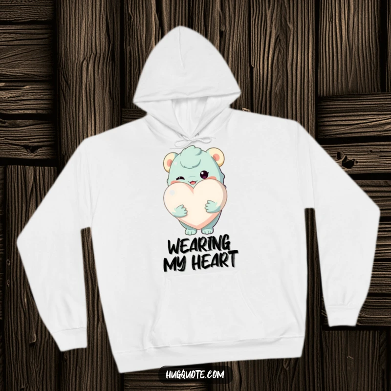 Funny hoodie depicting a creature holding a large, soft heart, offering warmth, love, and cozy comfort.