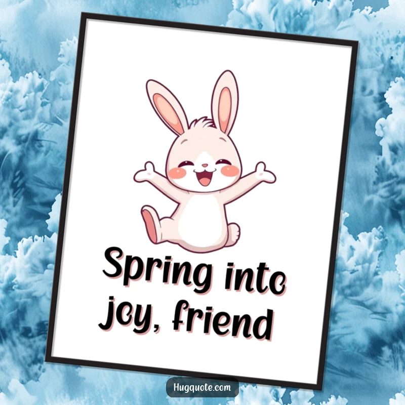 Funny Free Printable Wall Art: Cute bunny character leaping happily, arms open wide in a joyful embrace, adding cheer to walls.