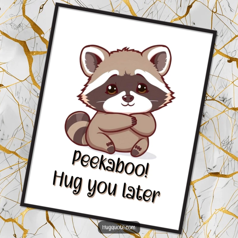 Funny Free Printable Wall Art: A curious raccoon peeking from behind a playful hug, adding charm to decor.