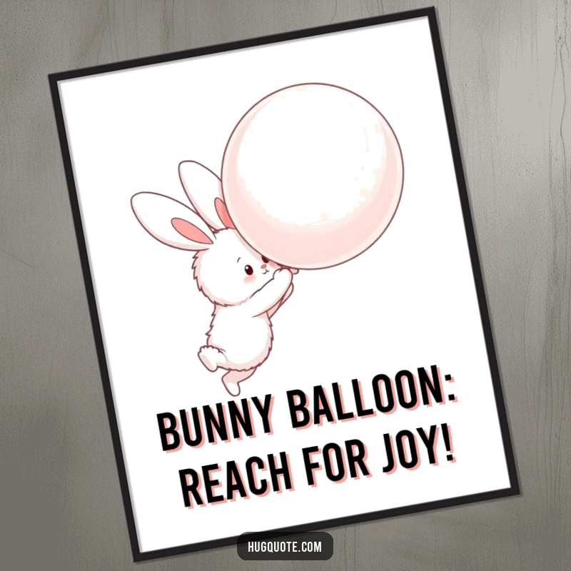 Funny Free Printable Wall Art showing a fluffy bunny character reaching to hug a huge floating balloon, a sweet and humorous scene.