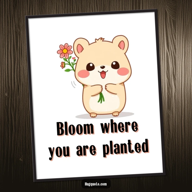 Funny Free Printable Wall Art: A round, cute animal joyfully presents a bouquet of tiny flowers, adding charm to any room.