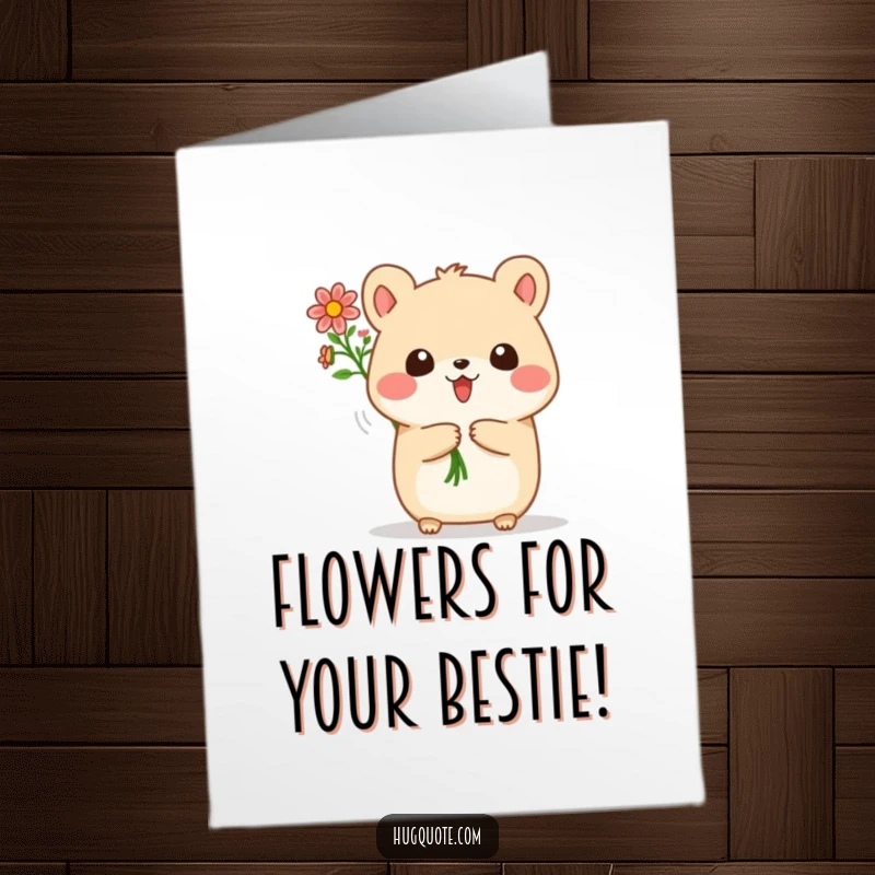 Funny Free Printable Birthday Card: A cute, round animal joyfully offers tiny flowers, perfect for a whimsical DIY gift.