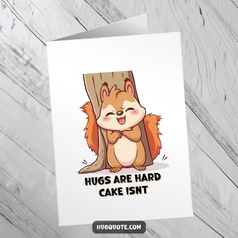 Funny Free Printable birthday card: Kawaii squirrel hilariously failing to hug a massive object, showing effort and surprise.