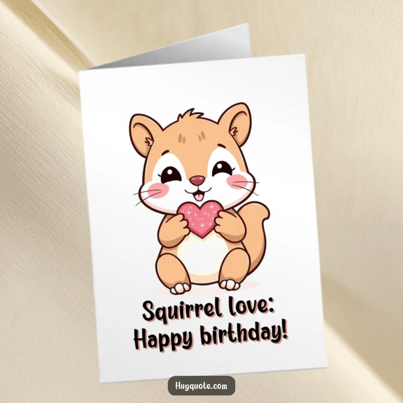 Funny Free Printable Birthday Card featuring a cheerful squirrel offering a small, sparkly heart with both paws, full of birthday love.