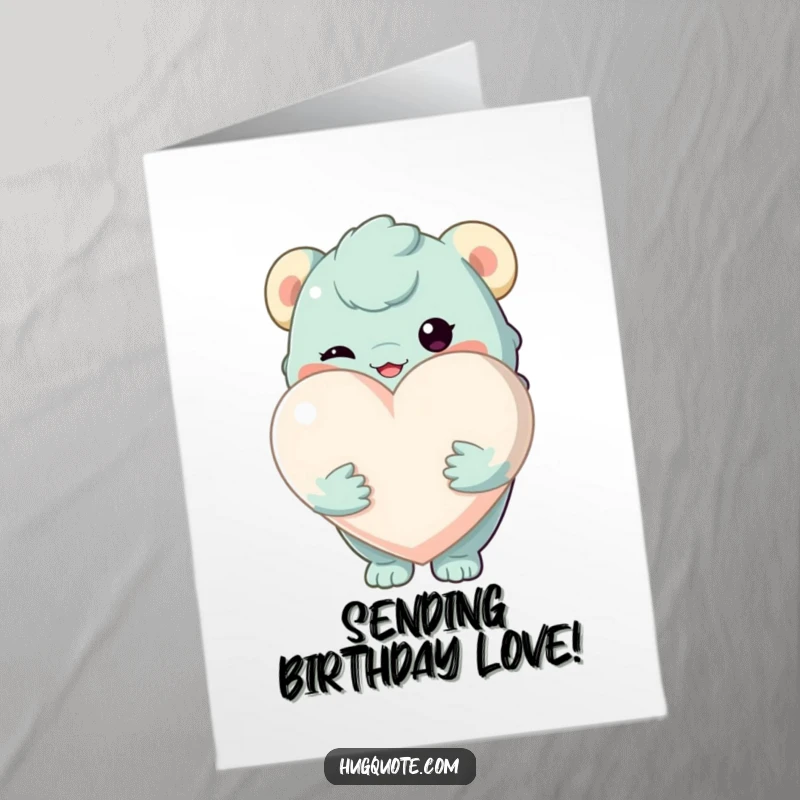 Funny Free Printable Birthday Card: A creature tenderly holds a large, soft heart. A sweet downloadable greeting.