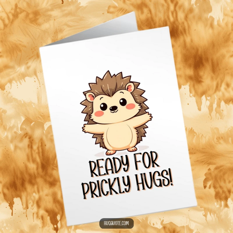 Free Printable birthday card: Kawaii hedgehog with curious expression extending its little arms outward, inviting a soft hug.
