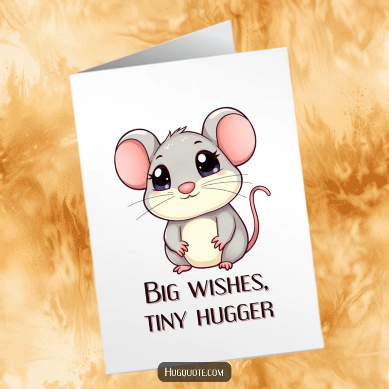 Free Printable birthday card: Kawaii mouse with large, pleading eyes peeking out, shyly requesting a hug, evoking sweetness.