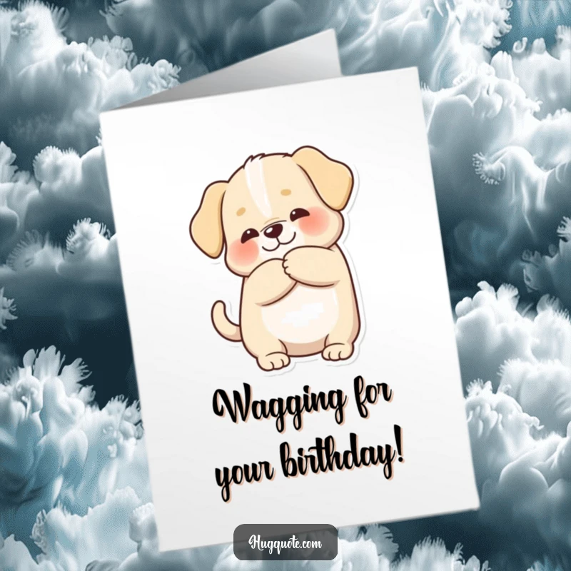 Funny Free Printable Birthday Card: Chubby puppy character wagging its tail enthusiastically while receiving a warm, loving birthday hug.