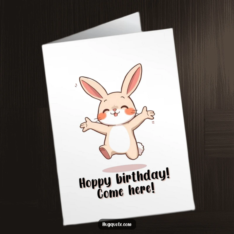 Funny Free Printable Birthday Card showing a small bunny enthusiastically leaping forward with open arms, ready for a big hug.