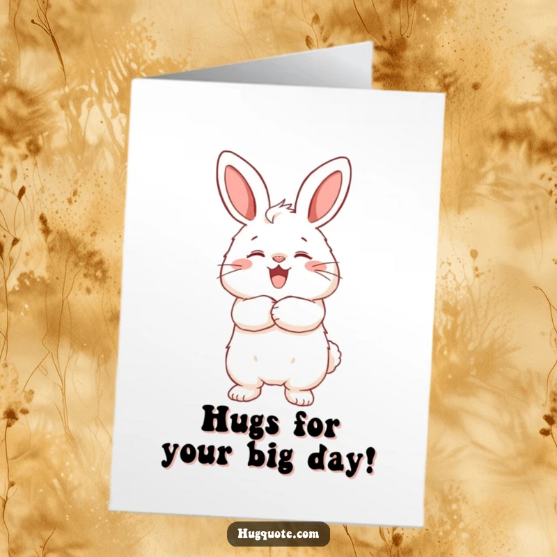 Funny free printable birthday card featuring a fluffy bunny character enthusiastically hugging an unseen friend with joy.