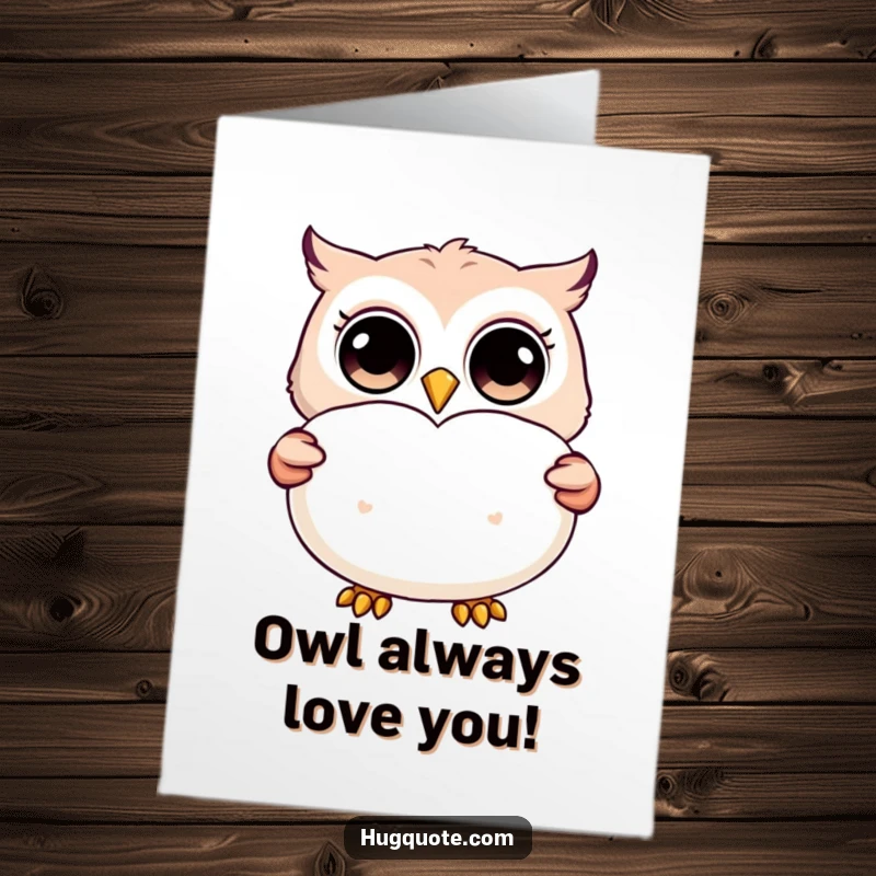 Funny Free Printable Birthday Card: A happy owl with wide eyes presents a big, fluffy heart-shaped pillow.