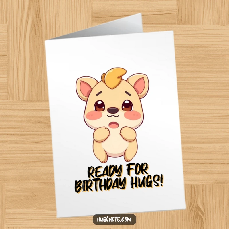 Funny Free Printable Birthday Card: An excited creature leans in for a big hug. Adorable downloadable greeting.