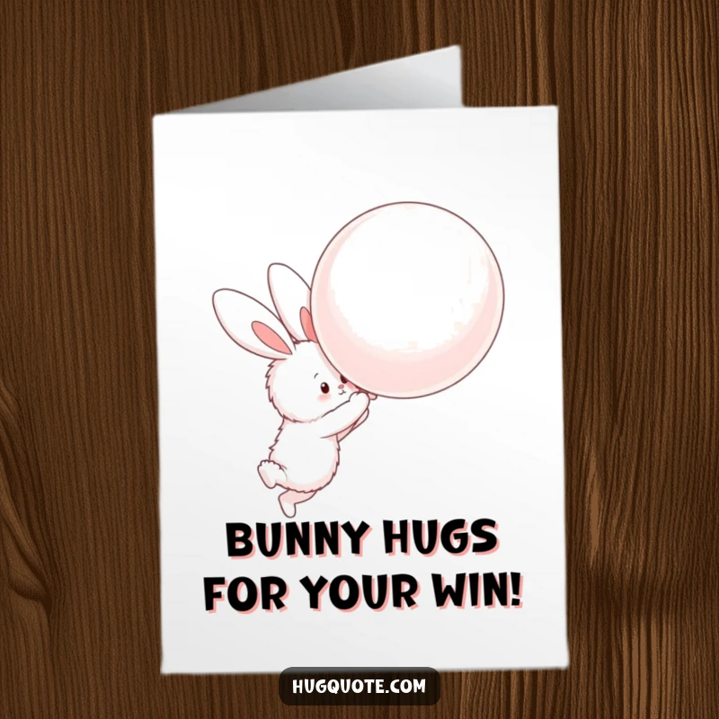 Funny Free Printable Congrats Card featuring a fluffy bunny reaching for a giant floating balloon, symbolizing big aspirations.