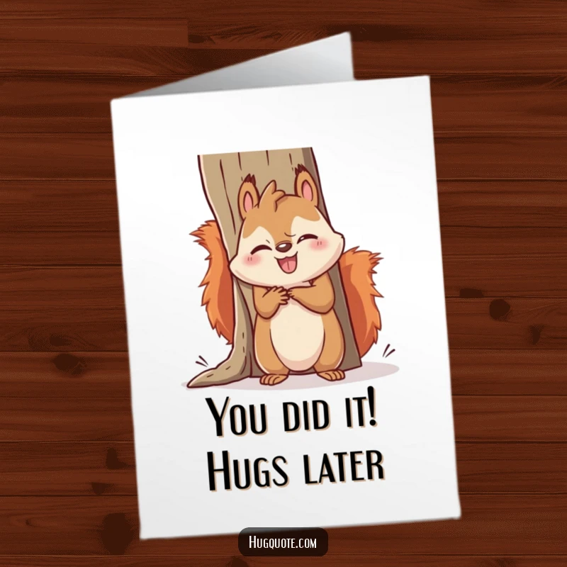 Funny Free Printable congrats card: Kawaii squirrel comically failing to hug a giant object, conveying relatable struggle and humor.