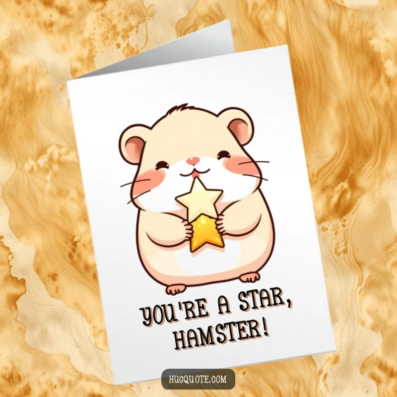 Funny Free Printable Congrats Card: a hamster hugs a shining star, celebrating a big win.
