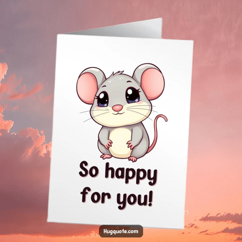 Free Printable congratulations card: A cute kawaii mouse with wide eyes peeking, adorably asking for a hug to celebrate.
