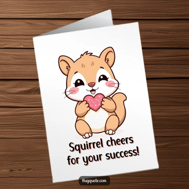 Funny Free Printable Congrats Card showing a cheerful squirrel presenting a sparkly heart, celebrating achievements with affection.
