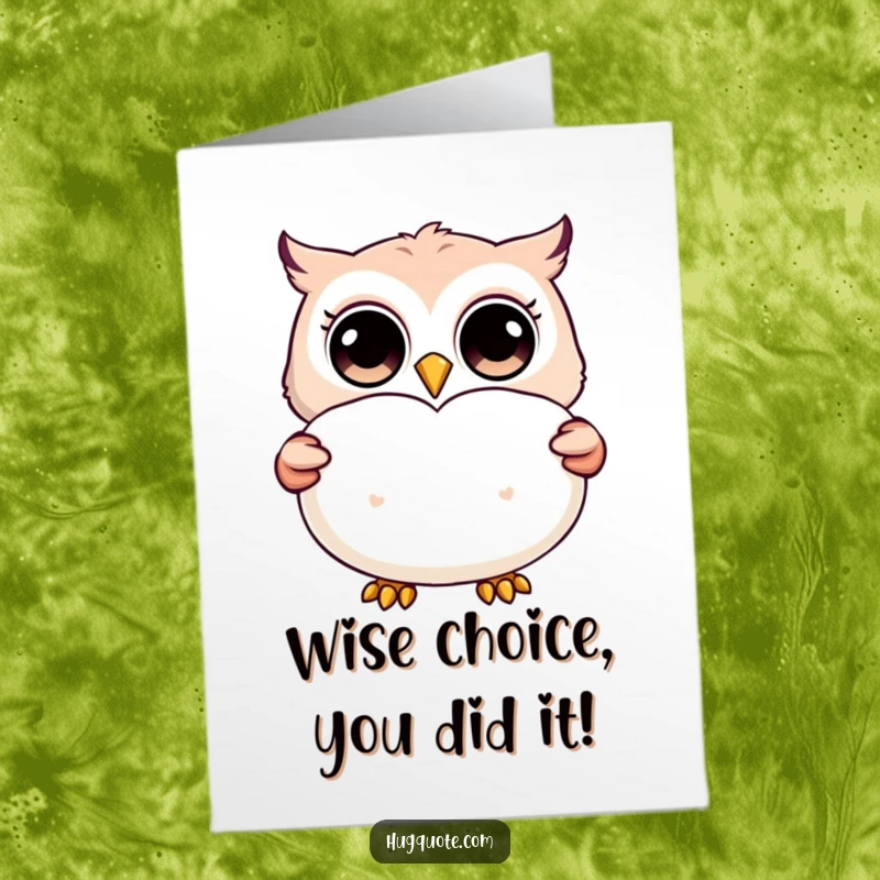Funny Free Printable Congratulations Card: A wide-eyed owl happily gives a large, fluffy pillow shaped like a heart.