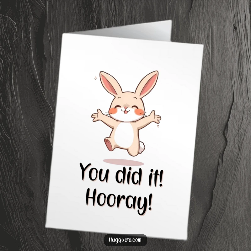 Funny Free Printable Congratulations Card featuring a small bunny leaping with open arms, conveying pure celebratory delight.