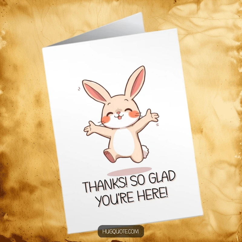 Funny Free Printable Thank You Card showing a small bunny leaping forward with open arms, offering a heartfelt thank you.