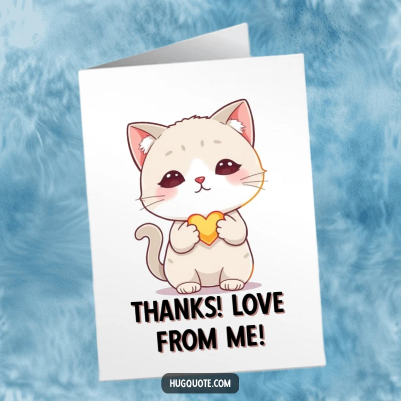 Funny Free Printable Thank You Card featuring a shy cat extending a small, glowing heart, a symbol of sincere appreciation.