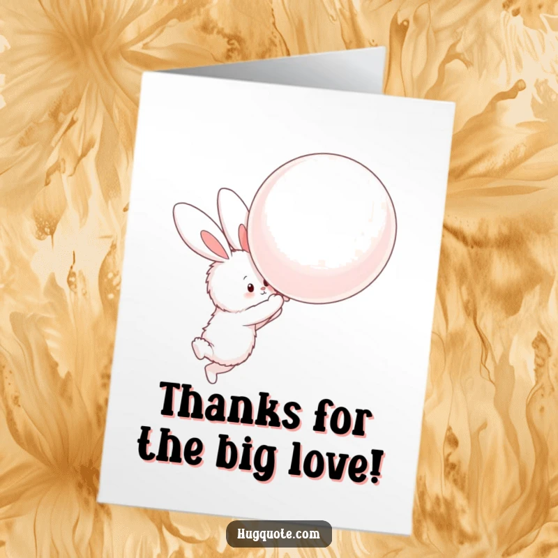 Funny Free Printable Thank You Card of a fluffy bunny enthusiastically hugging a giant floating balloon, a gesture of big thanks.