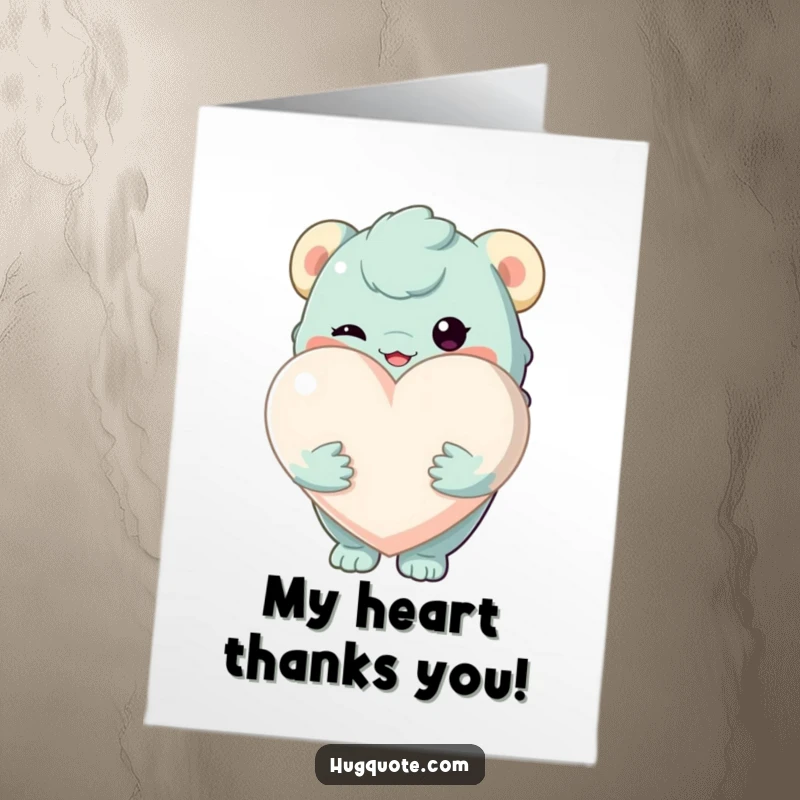 Funny Free Printable Thank You Card: A creature lovingly holds a large, plush heart. A sweet downloadable greeting.