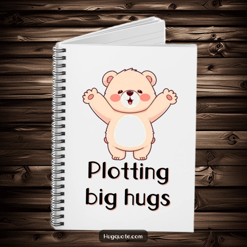 Funny notebook with a fluffy bear character enthusiastically wrapping its arms around empty air, perfect for note-taking bliss.