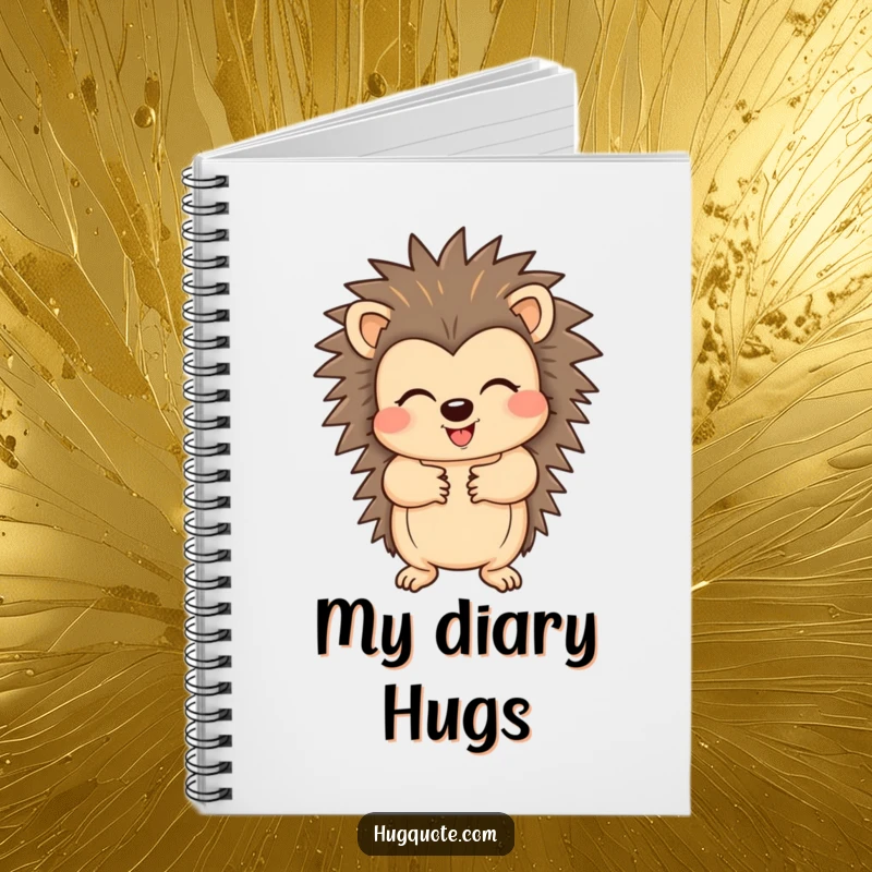 Funny notebook cover featuring a cheerful hedgehog character extending its paws for a hug, ideal for jotting down ideas with joy.