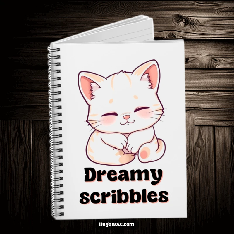Funny notebook with a sleepy kitten character smiling contentedly while being embraced, perfect for journaling peaceful thoughts.