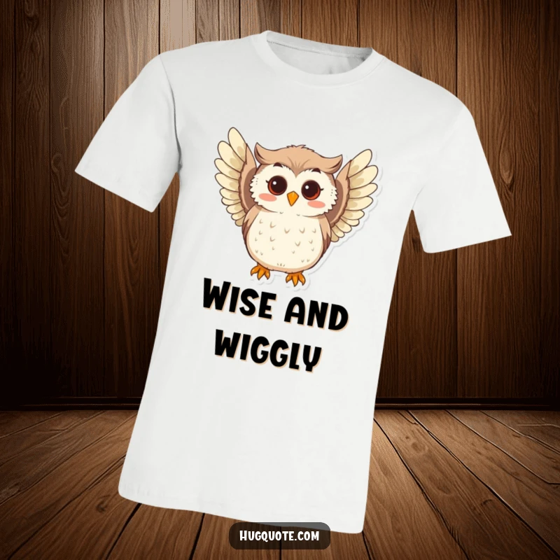 Funny t-shirt depicting a curious owl character softly hooting and extending its playful wings outwards, symbolizing curiosity and gentle wisdom.