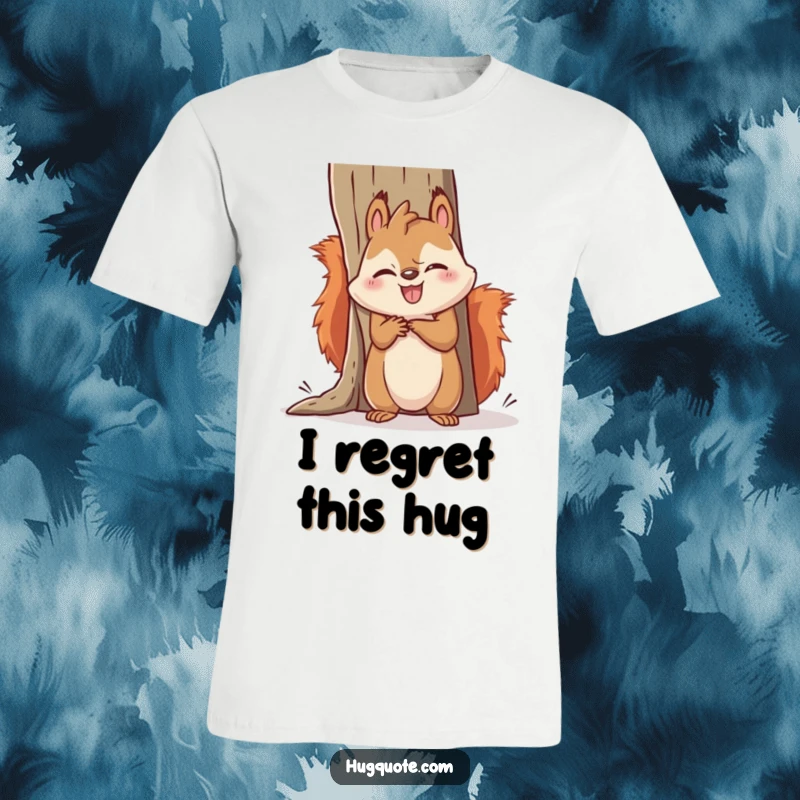 Funny squirrel t-shirt showing a cute kawaii squirrel comically attempting to hug an oversized item, hilariously failing in an adorable way.