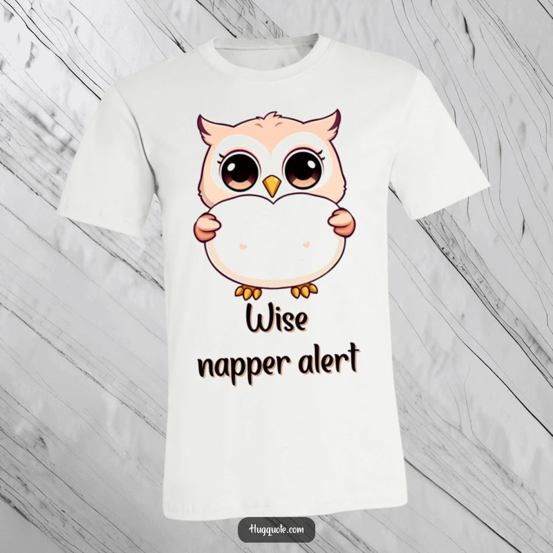 Funny t-shirt featuring a happy owl character with wide eyes, proudly presenting a big, fluffy pillow adorned with a heart.