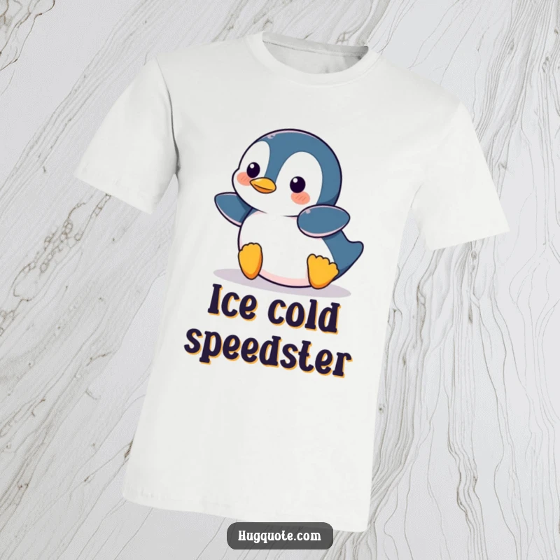 Funny Penguin character mid-belly slide with gleeful abandon, showcasing playful cartoon energy on a t-shirt.