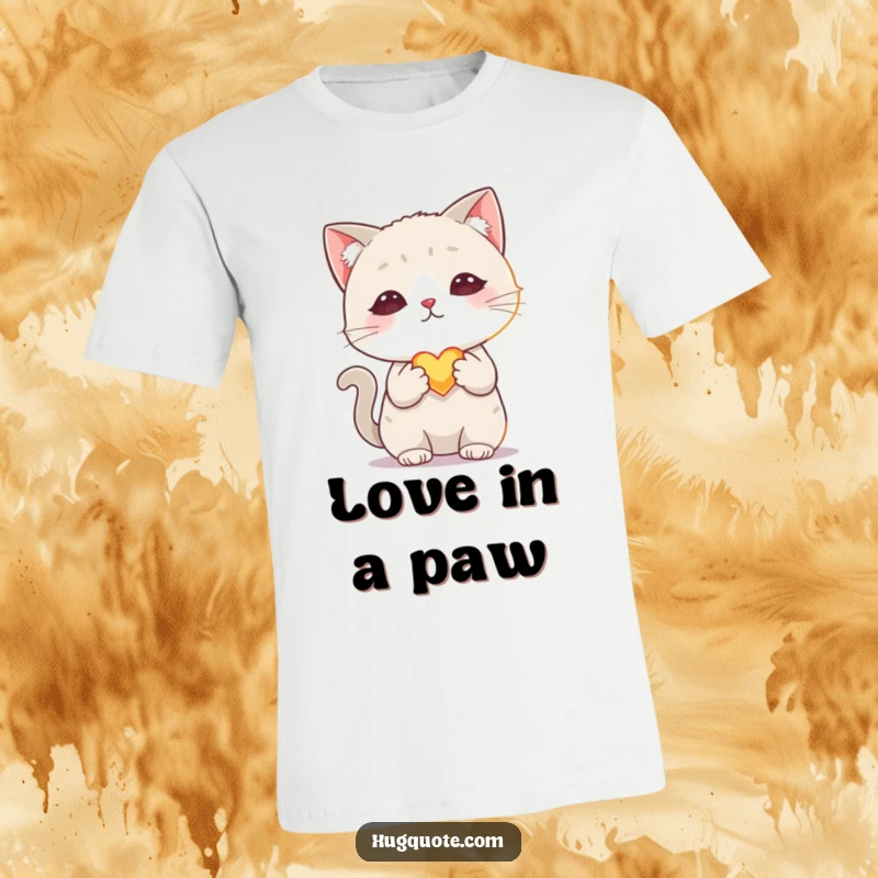 Funny t-shirt featuring a shy cat character tenderly offering a small, glowing heart with one paw, symbolizing gentle affection.