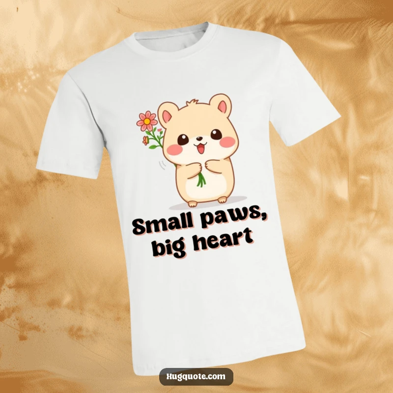Funny t-shirt featuring a small, round animal character joyfully offering a vibrant bouquet of tiny flowers, celebrating kindness.