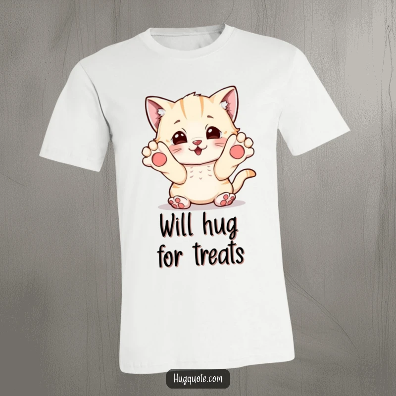 Funny t-shirt depicting a playful kitten character extending its paws, eagerly requesting a loving and fun hug.