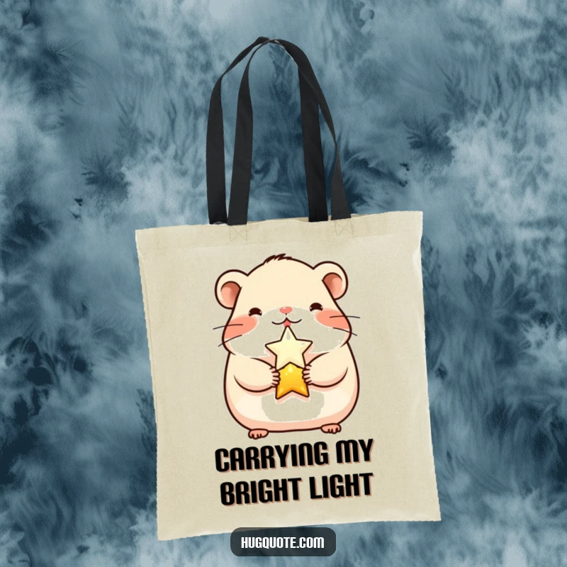 Funny cheerful hamster character hugging a shining star on a tote bag, perfect for carrying essentials with cute humor.