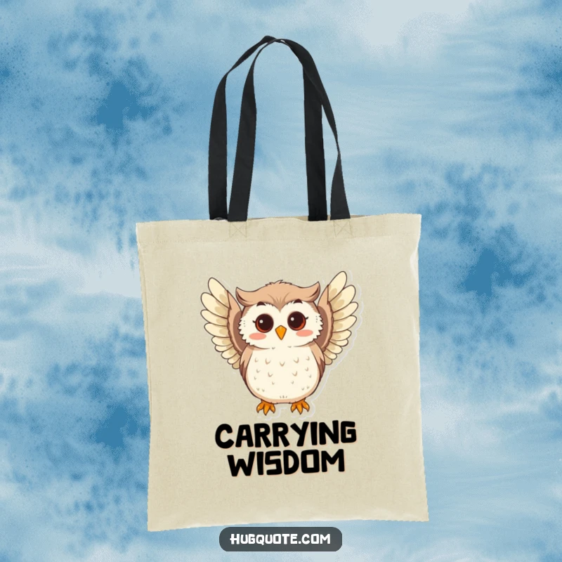 Funny tote bag with a curious owl character softly hooting and extending its playful wings, symbolizing wisdom and gentle exploration.