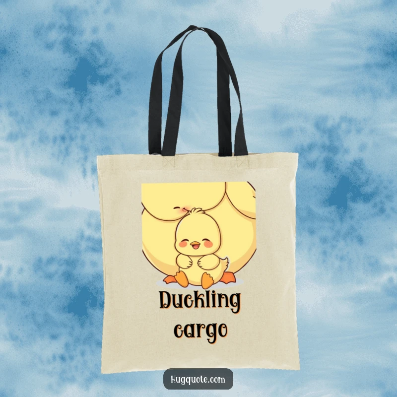 Funny duckling tote bag depicting a happy embrace between a duckling and a larger duck, perfect for carrying items with sweet style.