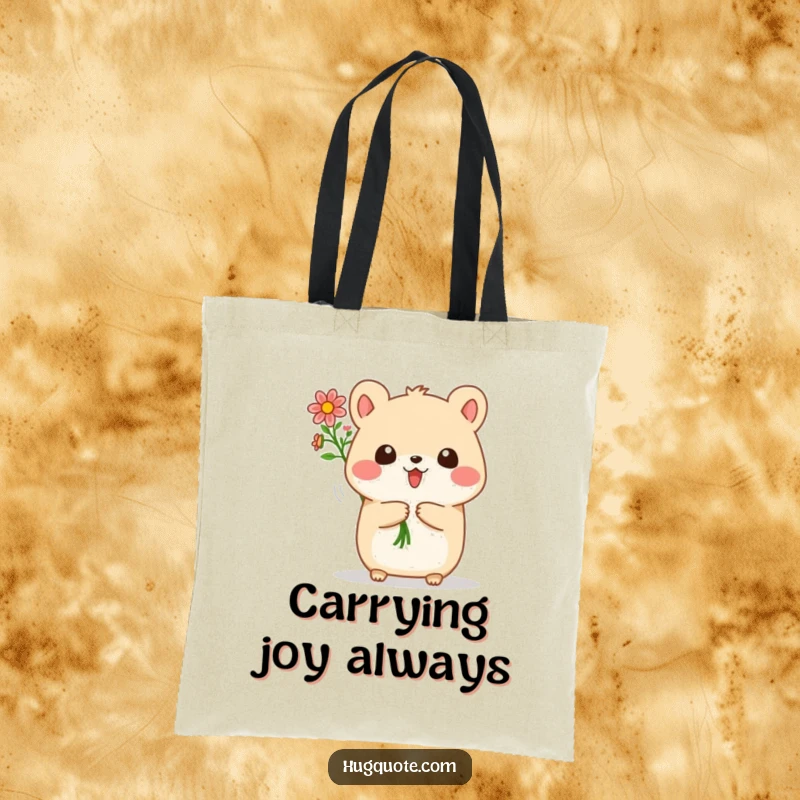 Funny tote bag with a small, round animal character joyfully giving a lovely bouquet of tiny flowers, a cheerful accessory.