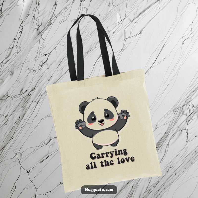 Funny determined panda character stretching arms for a big squeeze on a tote bag, perfect for carrying essentials with humor.