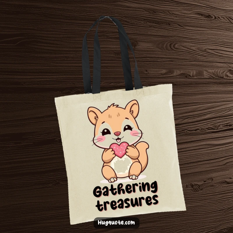 Funny tote bag with a cheerful squirrel character presenting a small, sparkly heart, great for carrying essentials.