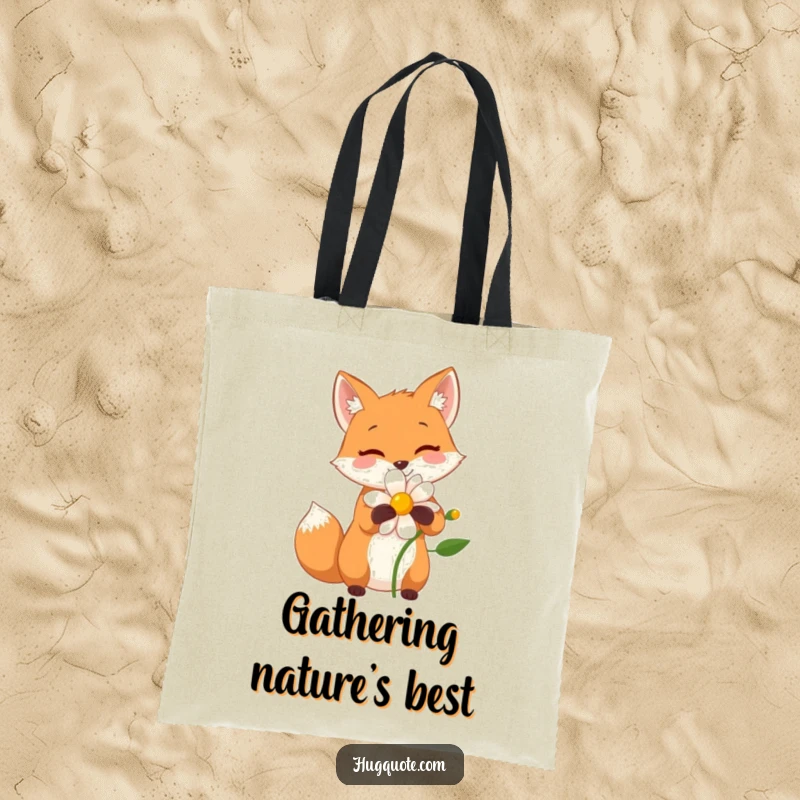 Funny tote bag with a small fox character embracing a flower with a wide, happy hug, showcasing nature's beauty.